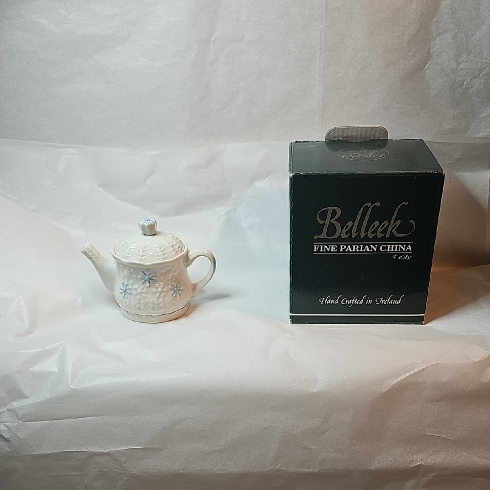 Belleek Parian China Mini Teapot with Blue Snow Flakes